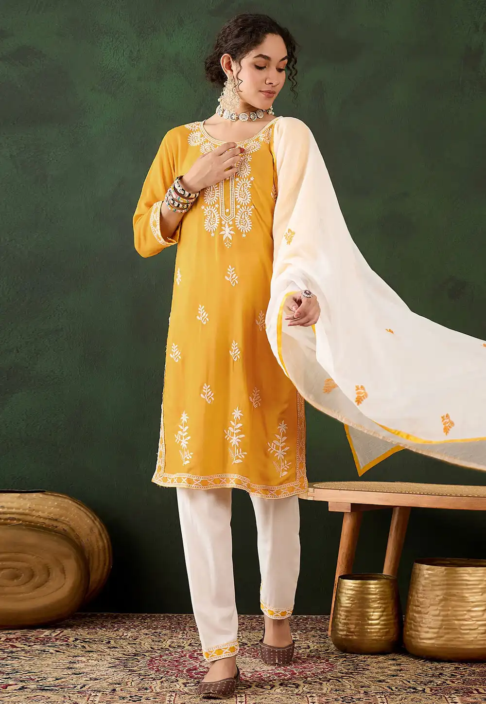 Yellow Cotton Rayon Readymade Chikankari Suit 294388