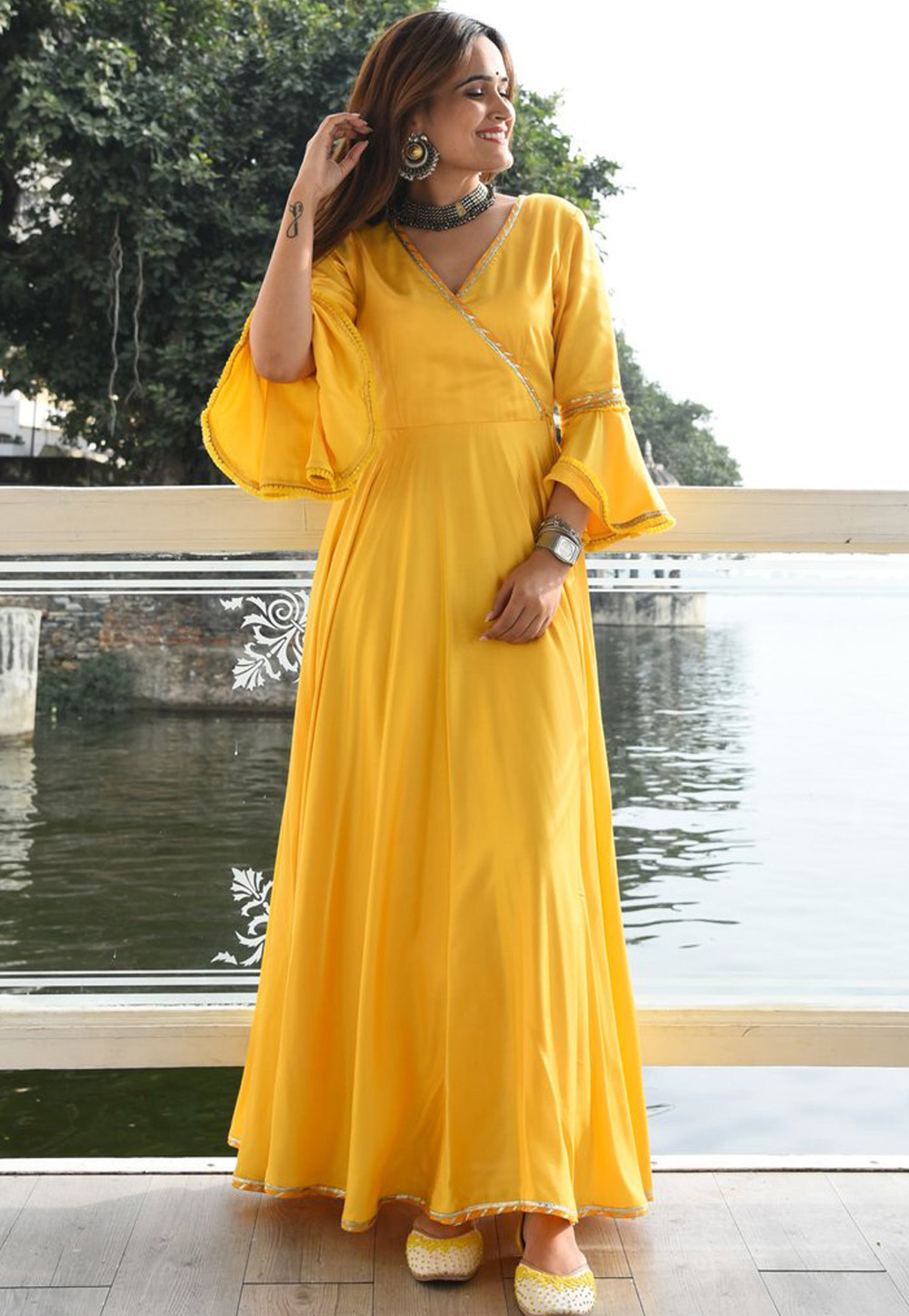 Yellow Cotton Rayon Readymade Long Anarkali Suit 310312