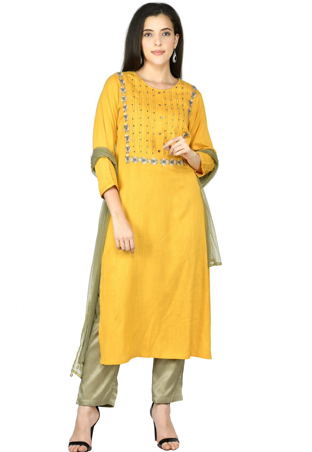 Yellow Cotton Rayon Readymade Pant Style Suit 305465