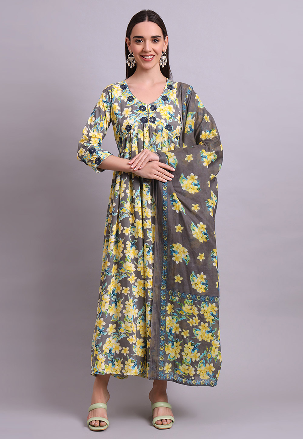 Yellow Cotton Readymade Anarkali Suit 309670