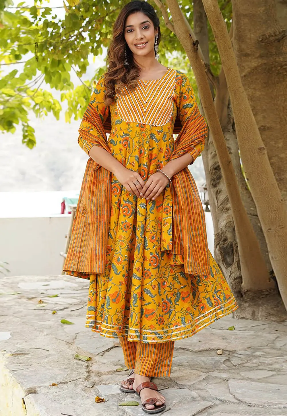 Yellow Cotton Readymade Anarkali Suit 302889