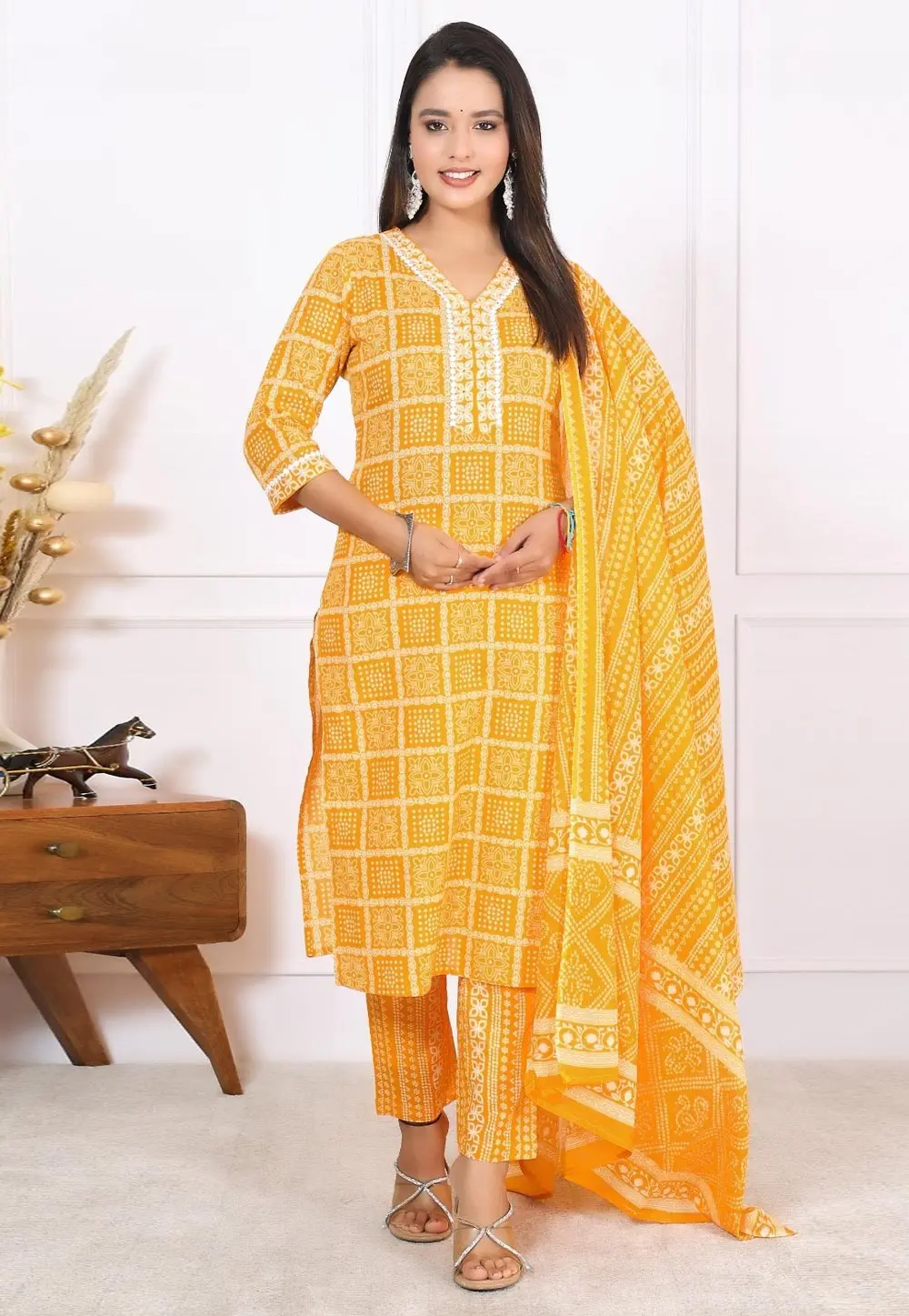 Yellow Cotton Readymade Pakistani Suit 304609