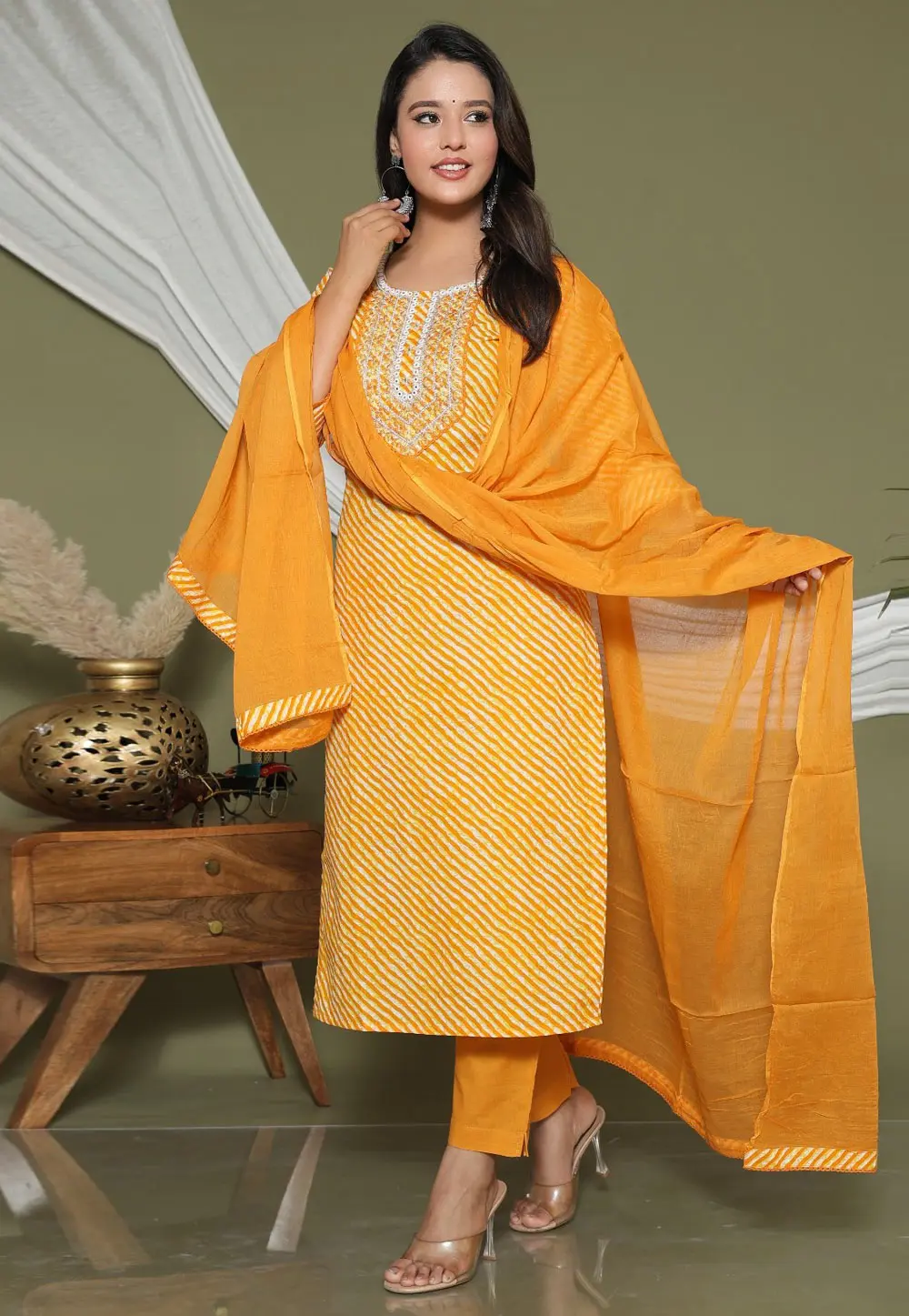 Yellow Cotton Readymade Pakistani Suit 304613