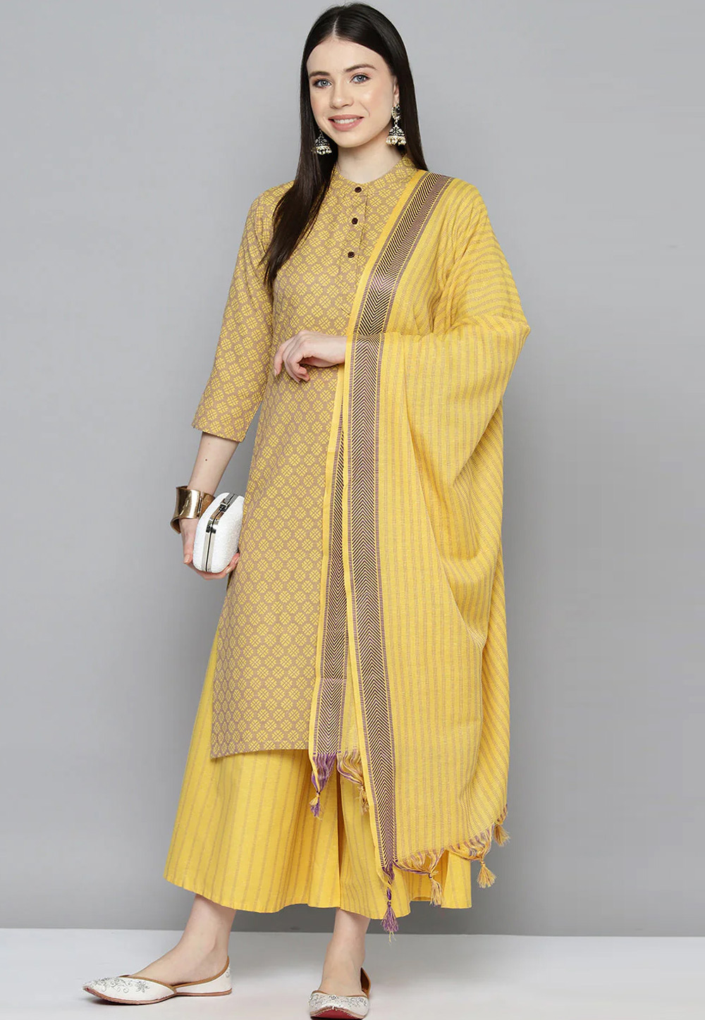 Yellow Cotton Readymade Pakistani Suit 286484