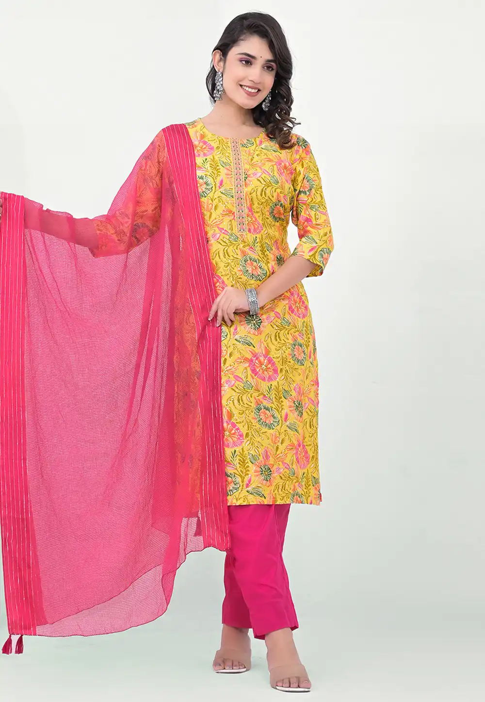 Yellow Cotton Readymade Pakistani Suit 290393