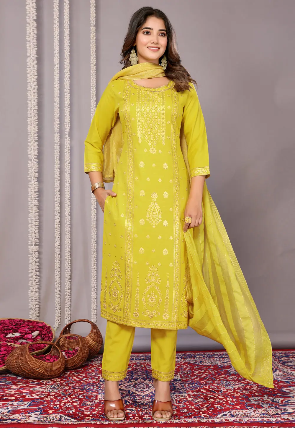 Yellow Cotton Readymade Pakistani Suit 303226