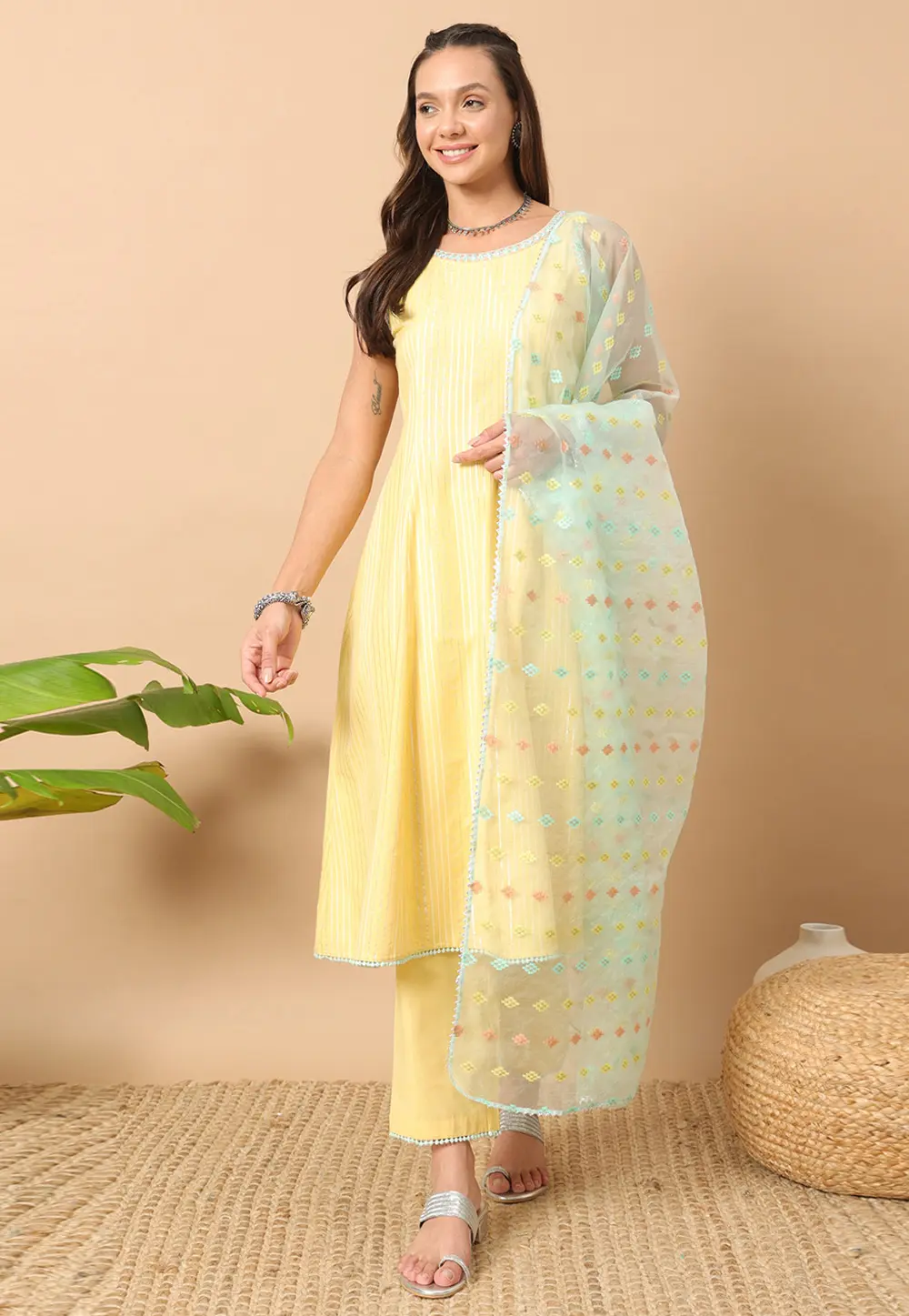 Yellow Cotton Readymade Pakistani Suit 301375