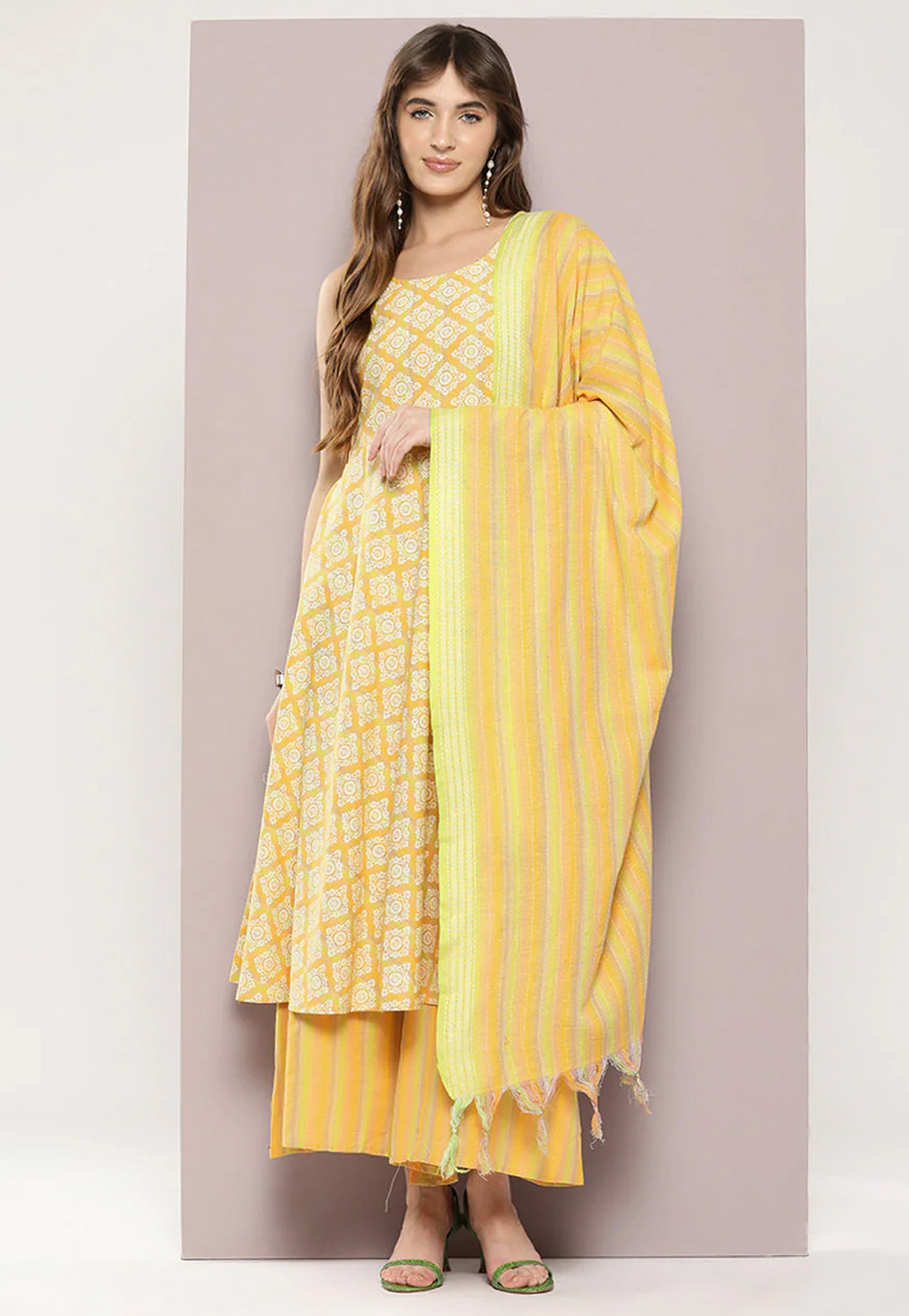 Yellow Cotton Readymade Palazzo Suit 286479