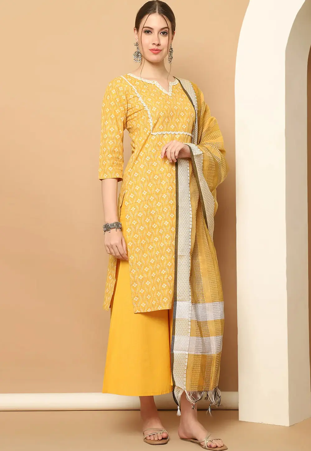 Yellow Cotton Readymade Palazzo Suit 298349