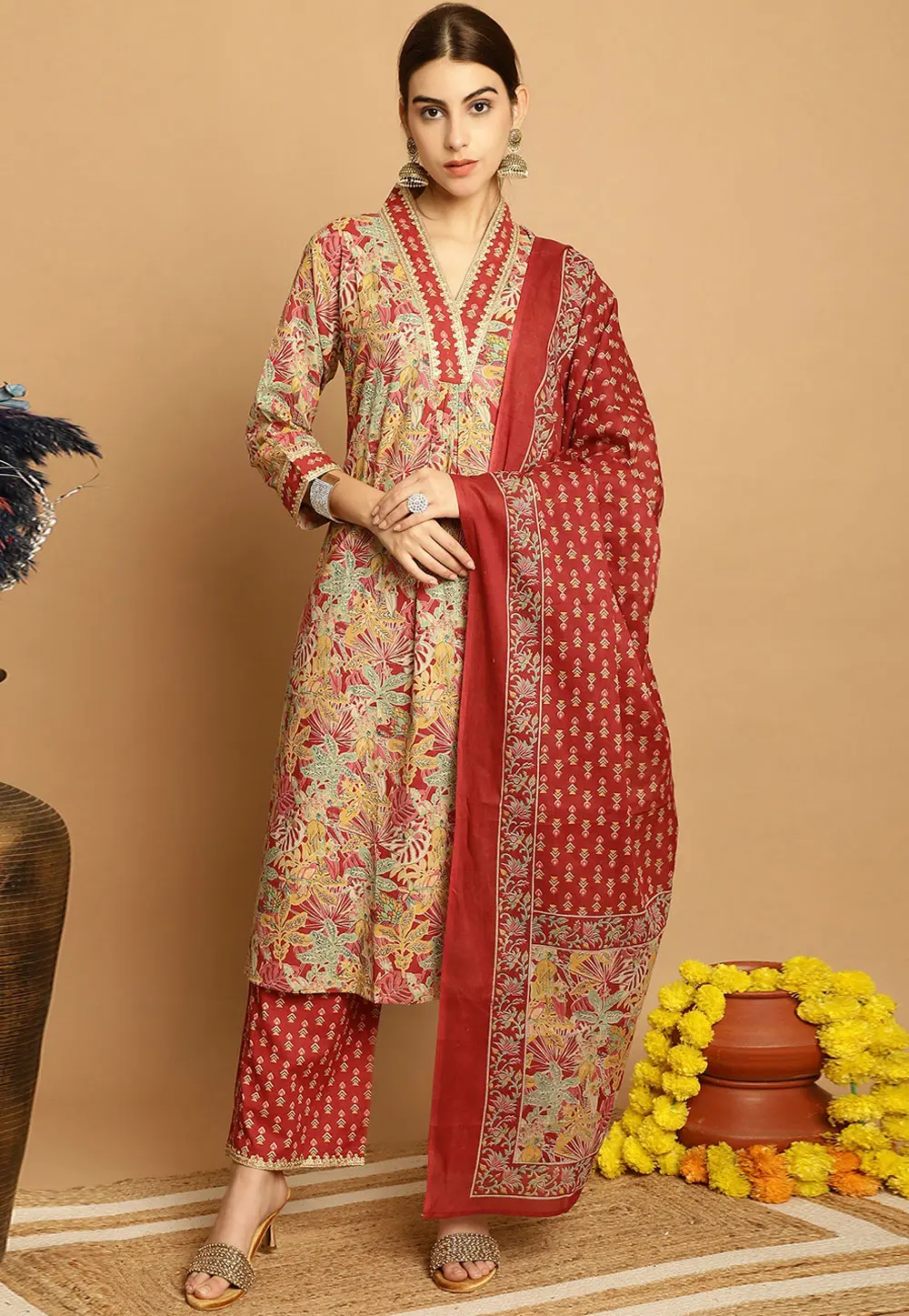 Yellow Cotton Readymade Palazzo Suit 303471