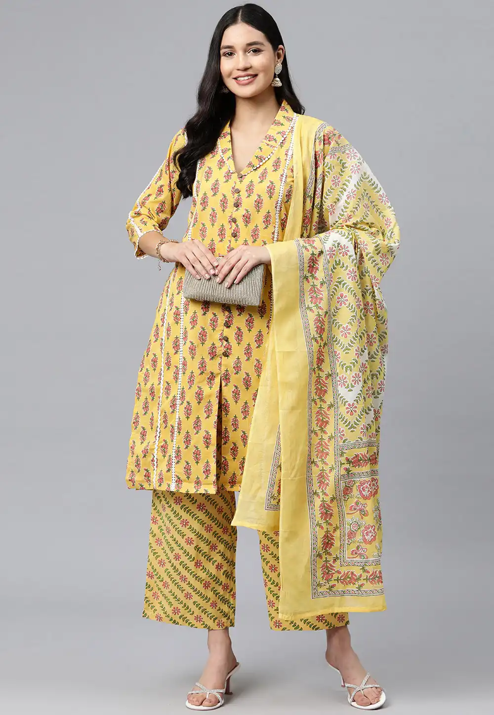 Yellow Cotton Readymade Palazzo Suit 292667