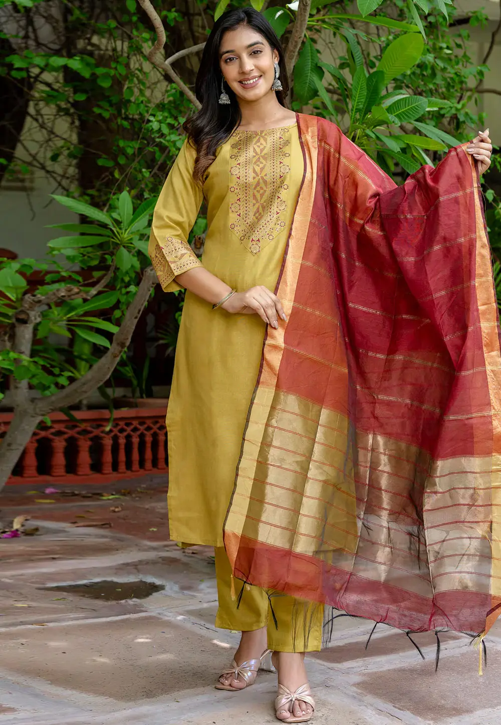 Yellow Cotton Readymade Pant Style Suit 298001