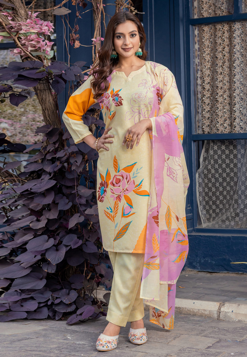 Yellow Cotton Readymade Pant Style Suit 310193