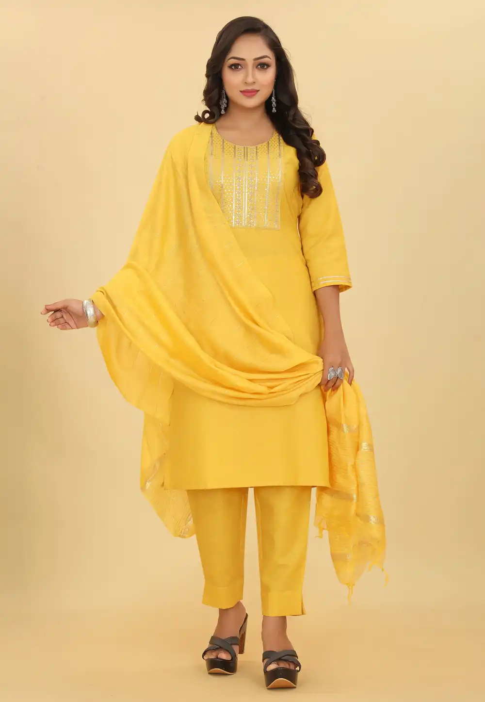 Yellow Cotton Readymade Pant Style Suit 288495