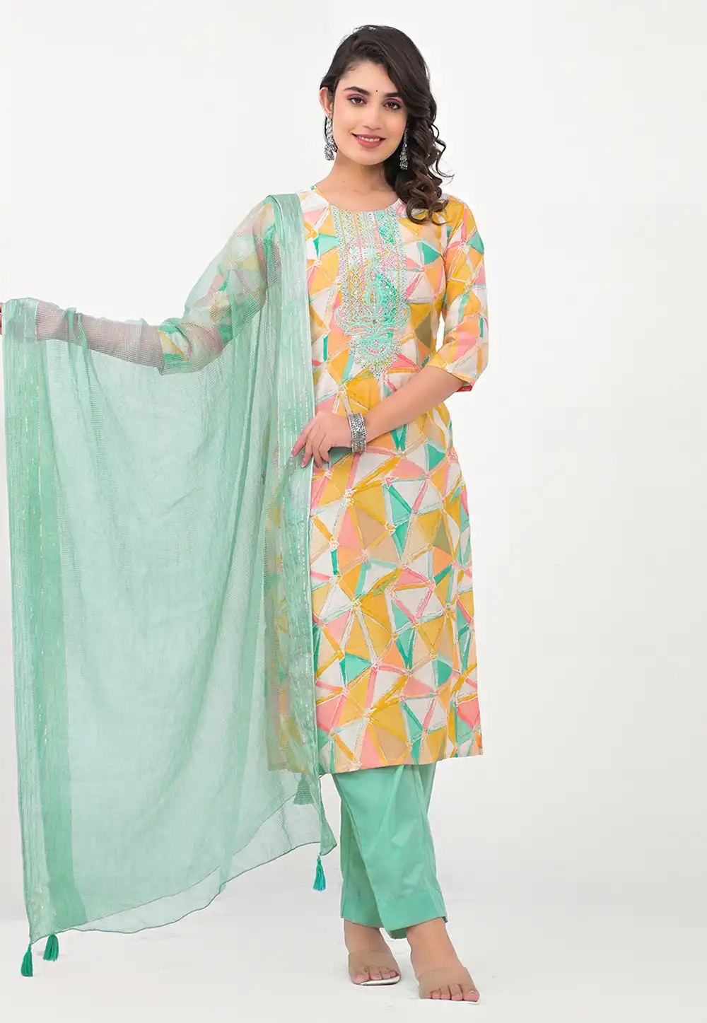 Yellow Cotton Readymade Pant Style Suit 290380