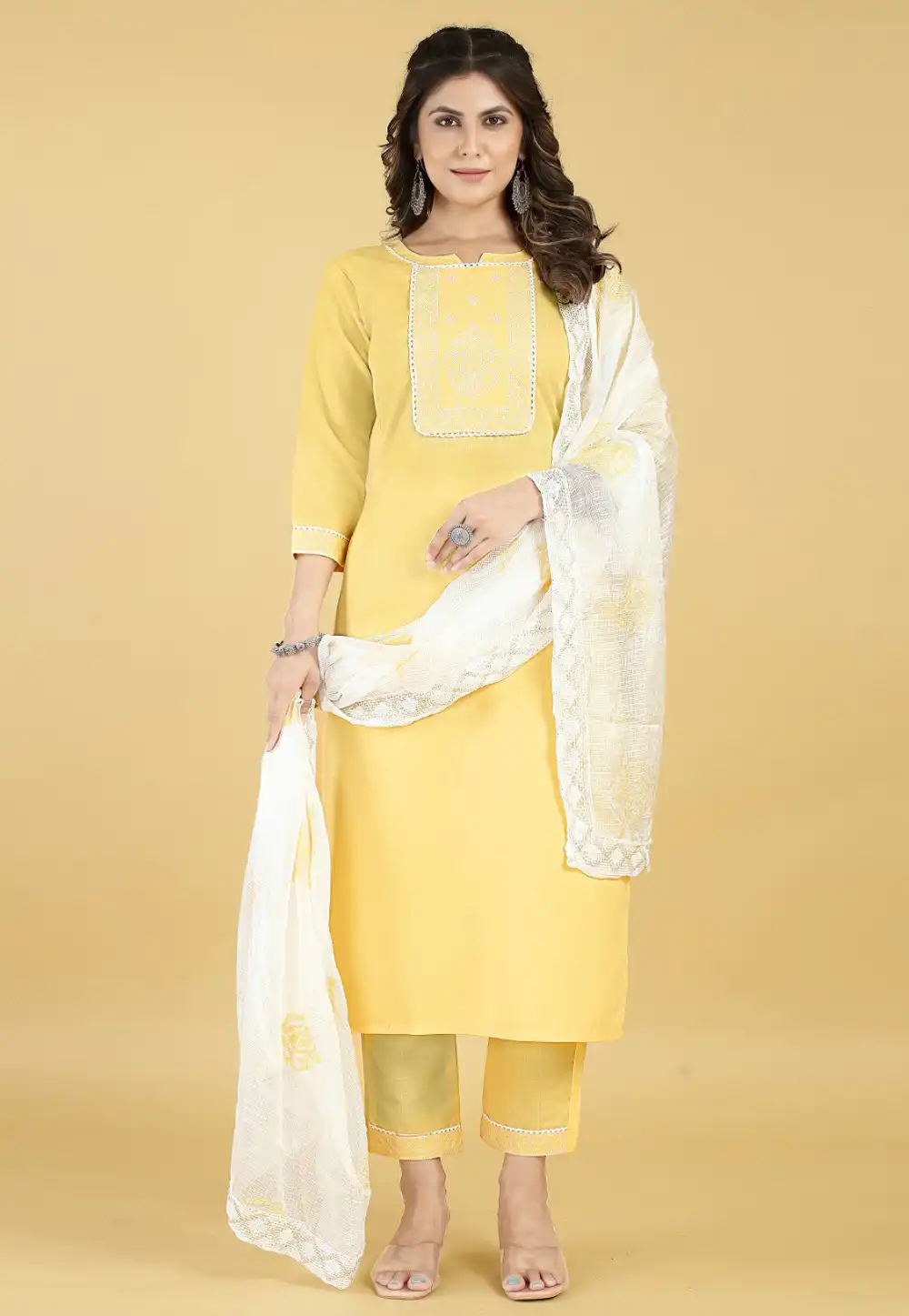 Yellow Cotton Readymade Pant Style Suit 290716