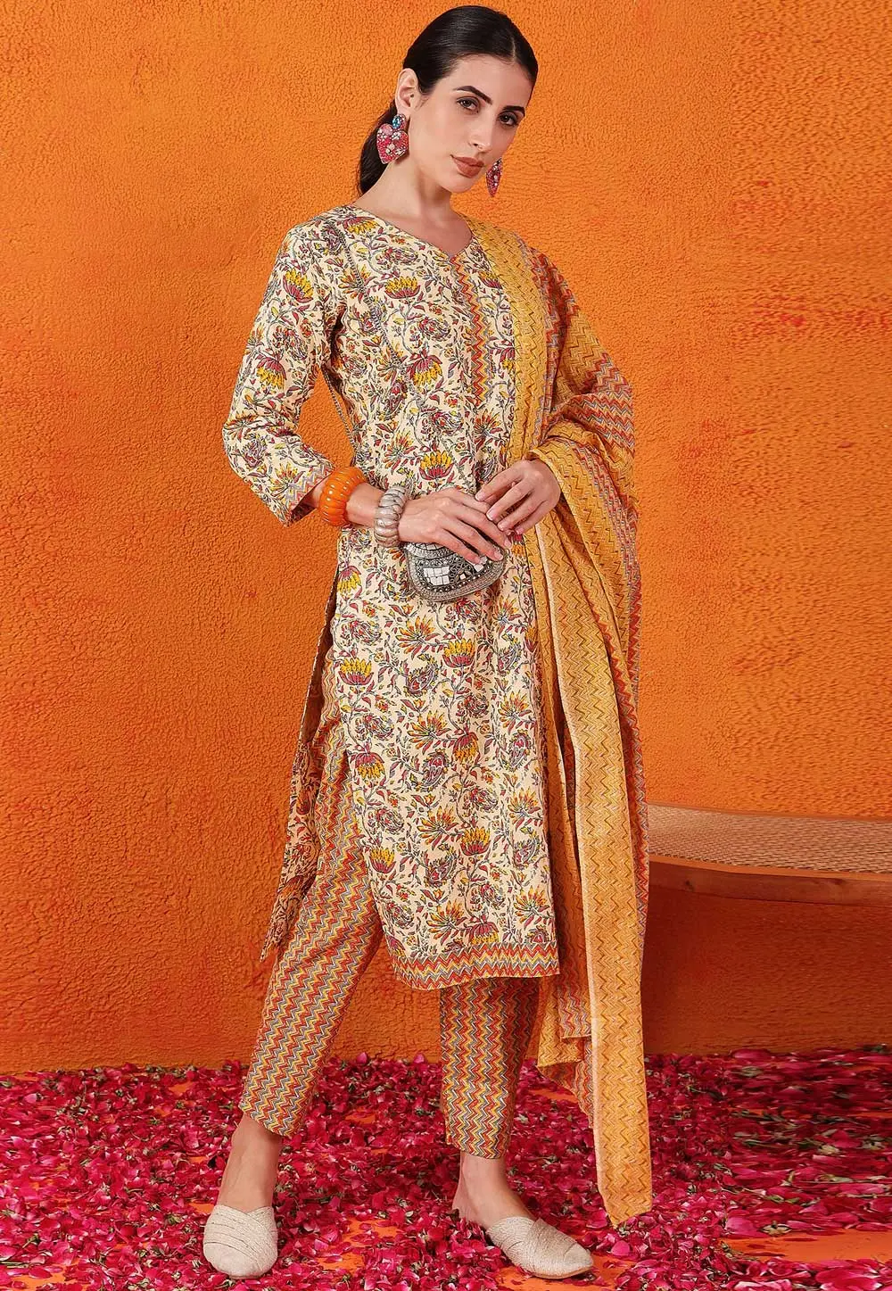 Yellow Cotton Readymade Pant Style Suit 298936