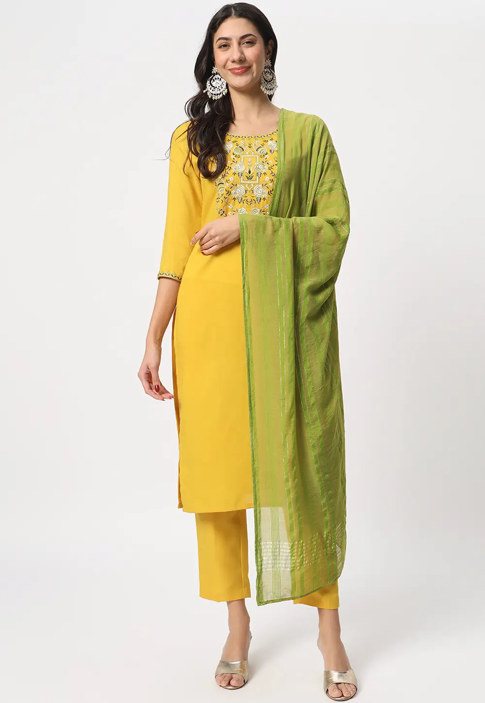 Yellow Cotton Readymade Pant Style Suit 300367