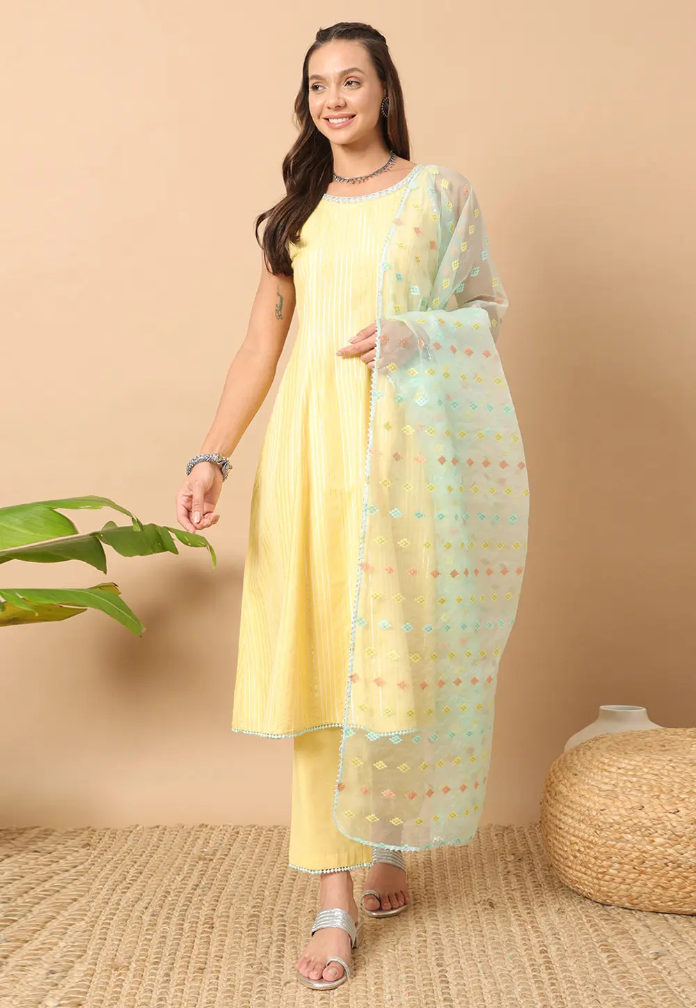 Yellow Cotton Readymade Pant Style Suit 300835