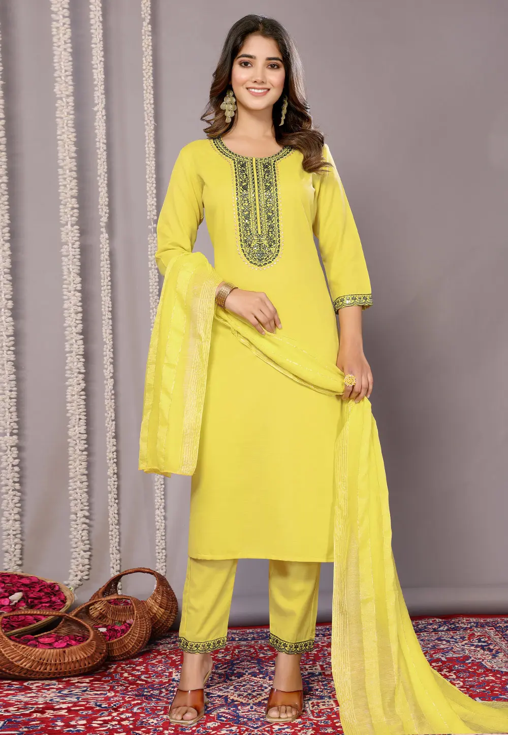 Yellow Cotton Readymade Pant Style Suit 303223