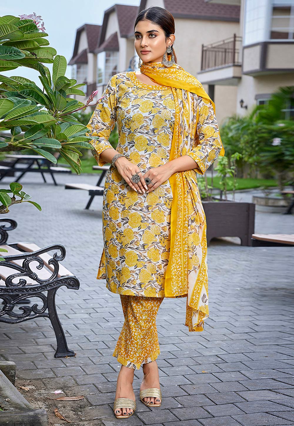 Yellow Cotton Readymade Pant Style Suit 305872