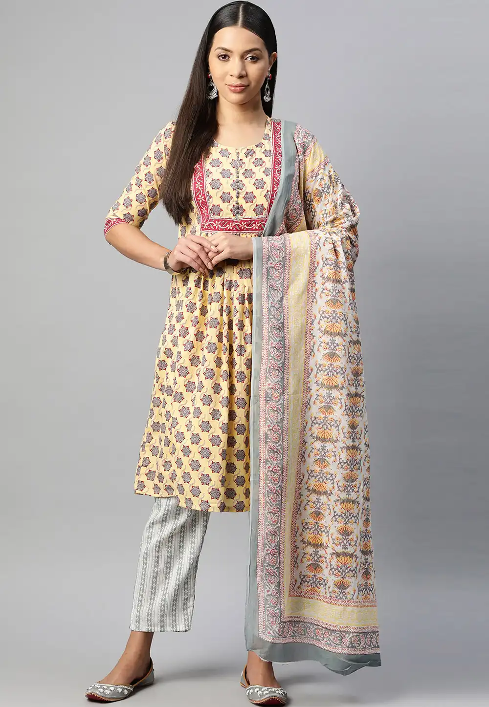 Yellow Cotton Readymade Pant Style Suit 292610