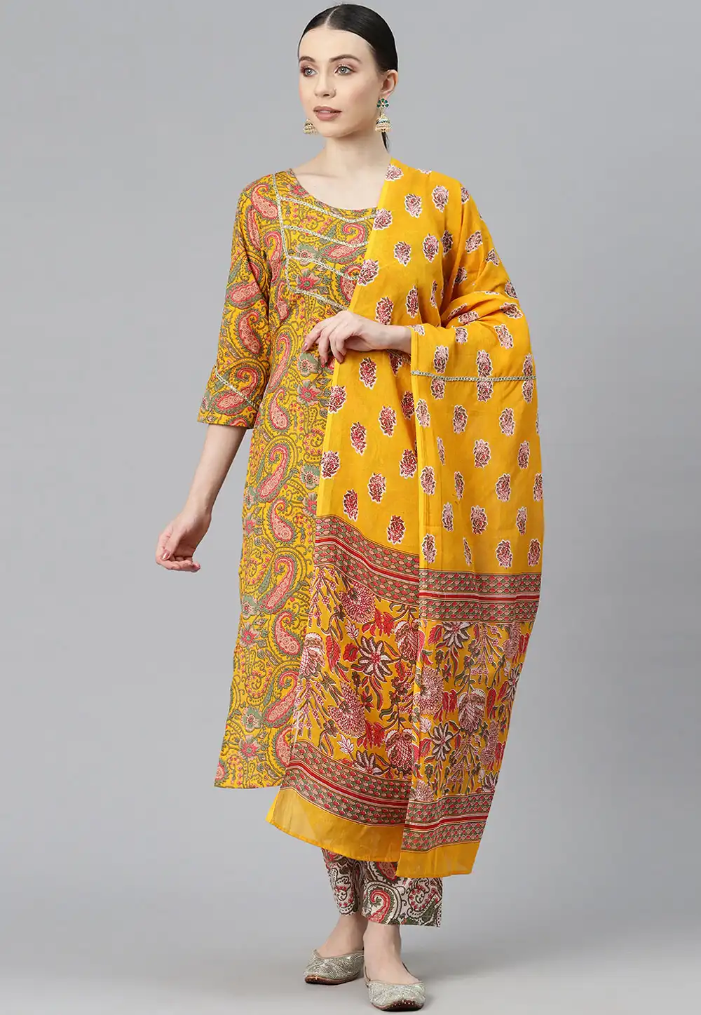 Yellow Cotton Readymade Pant Style Suit 292681