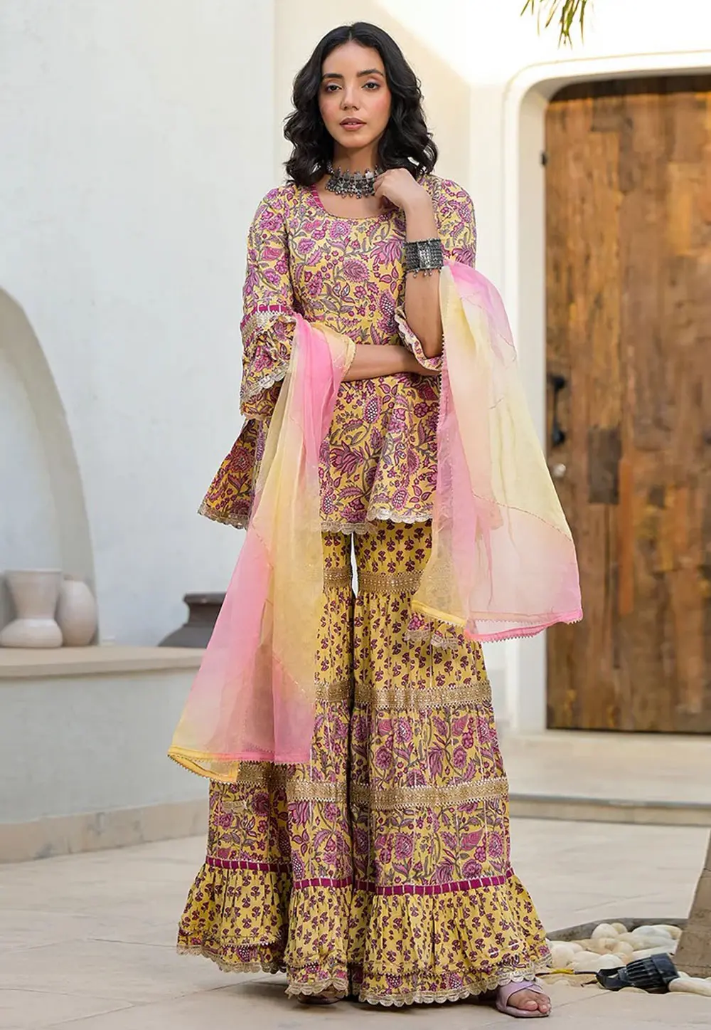 Yellow Cotton Readymade Sharara Suit 304452