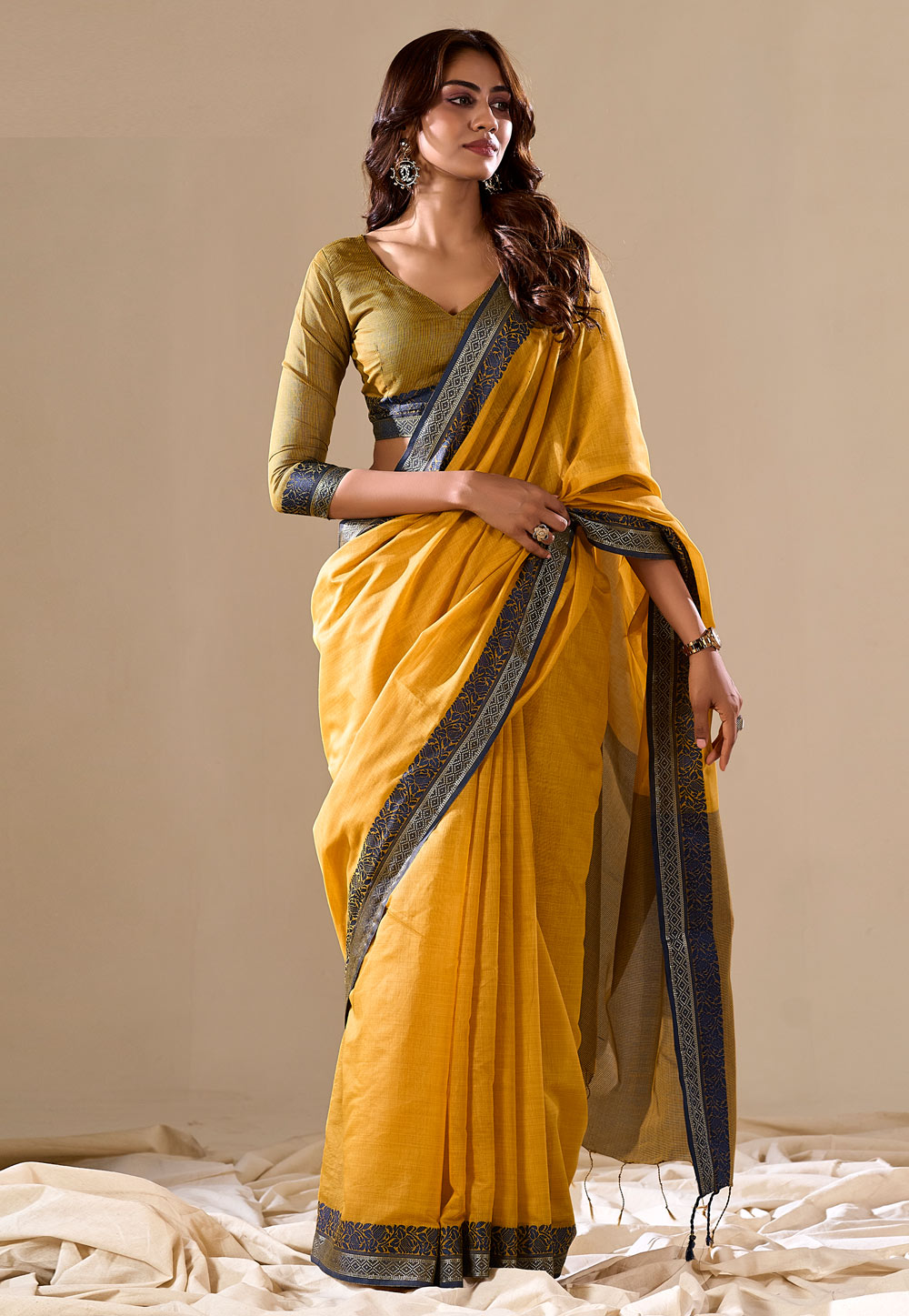 Yellow Cotton Saree With Blouse 286028