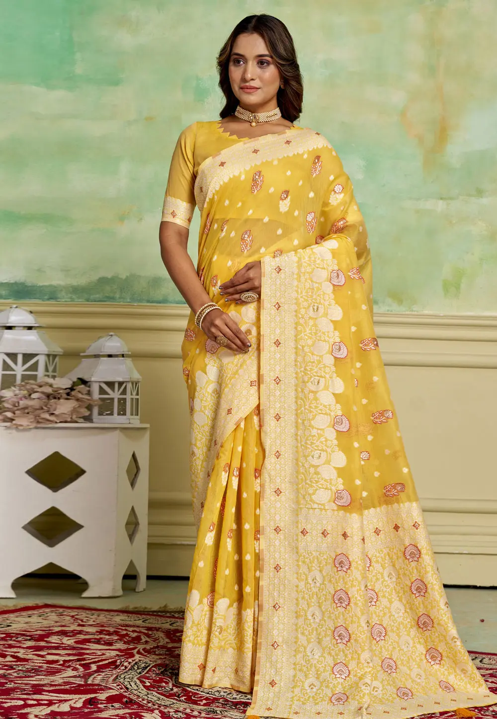 Yellow Cotton Saree With Blouse 300573