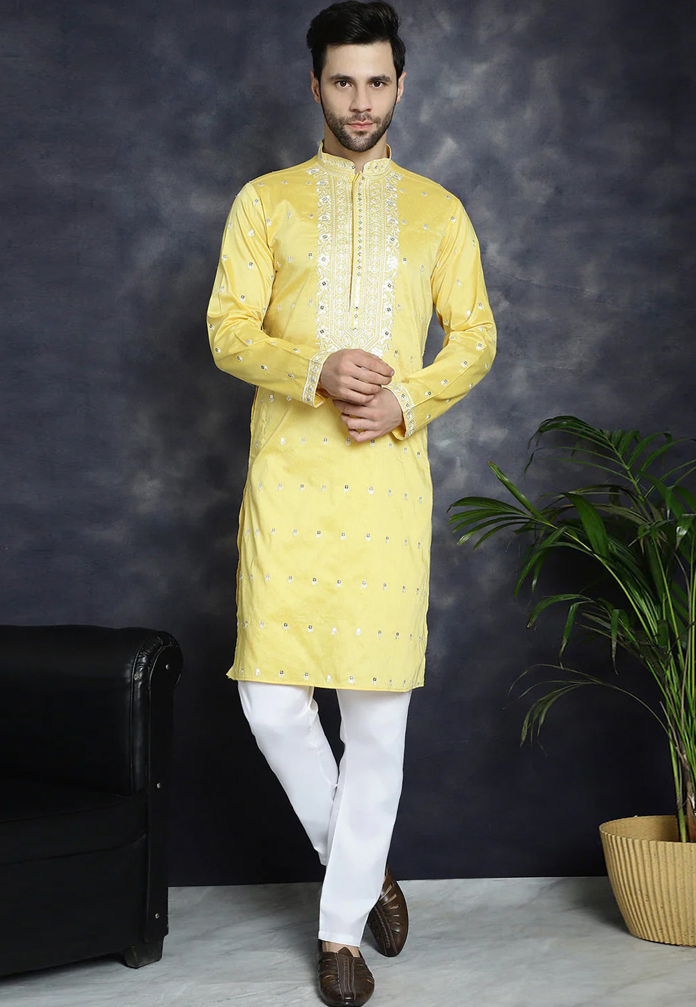 Yellow Cotton Silk Kurta Pajama 287498