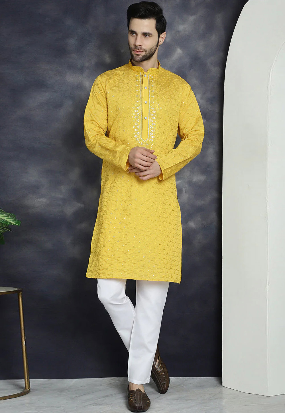 Yellow Cotton Silk Kurta Pajama 287508