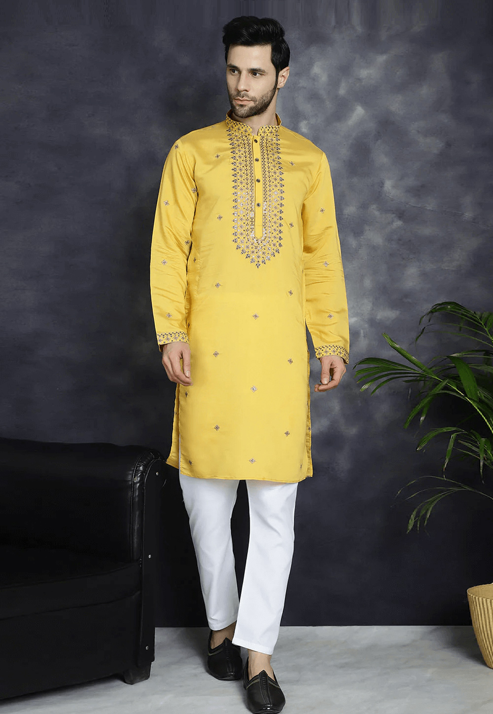 Yellow Cotton Silk Kurta Pajama 287742