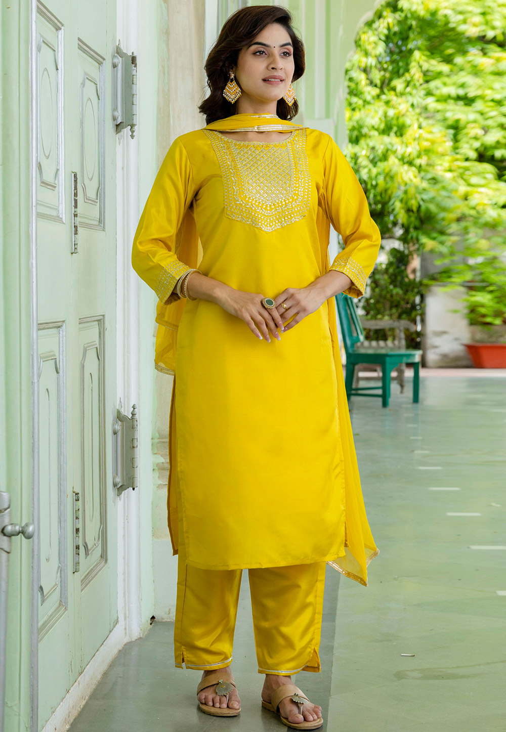 Yellow Cotton Silk Readymade Pakistani Suit 310465