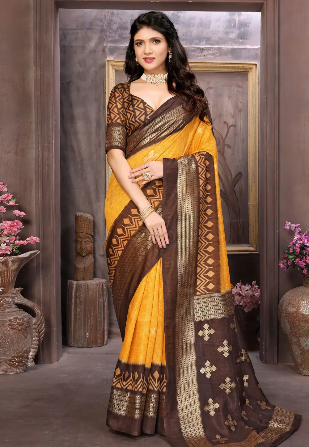 Yellow Cotton Silk Saree With Blouse 296256