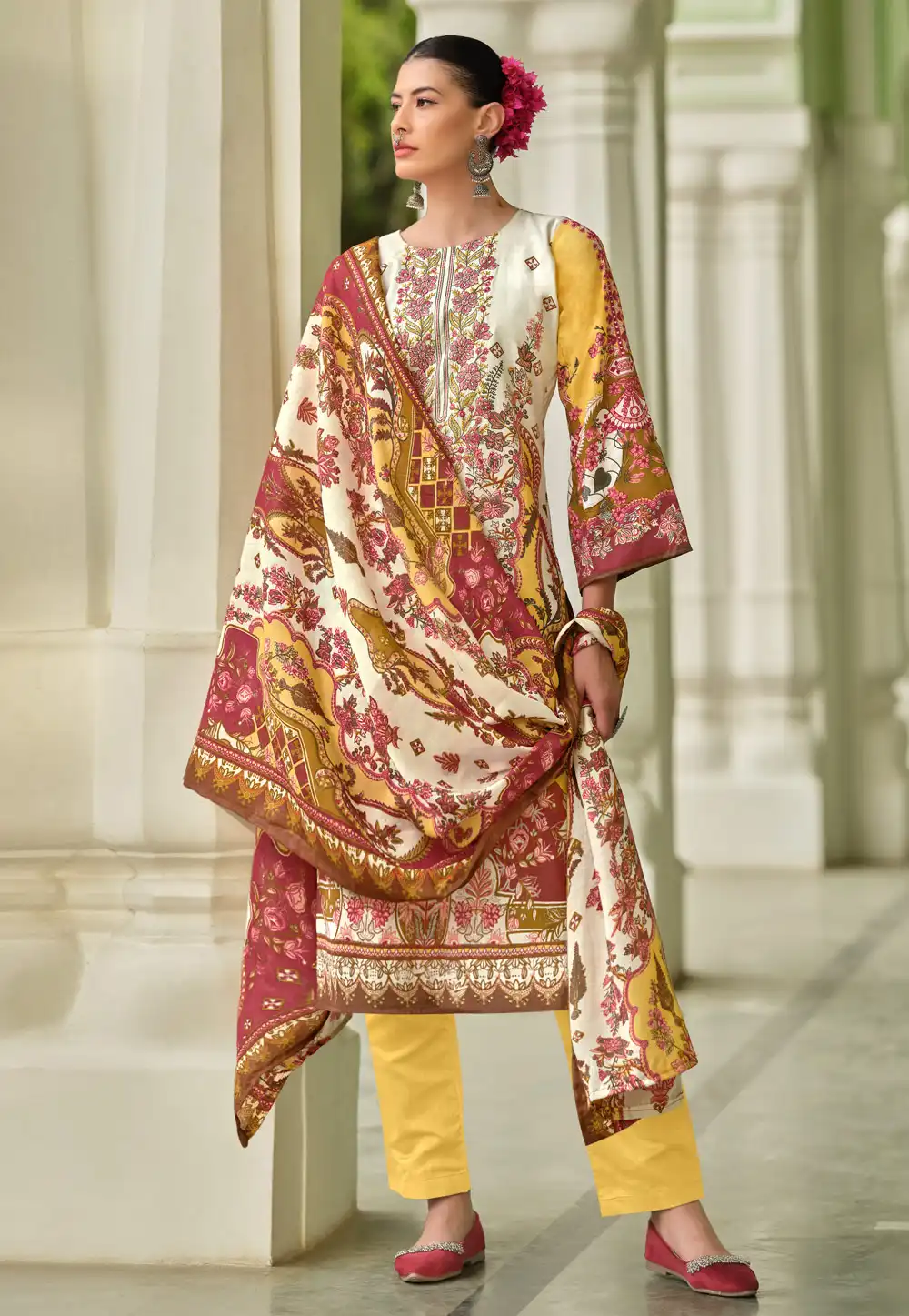 Yellow Cotton Straight Suit 290739