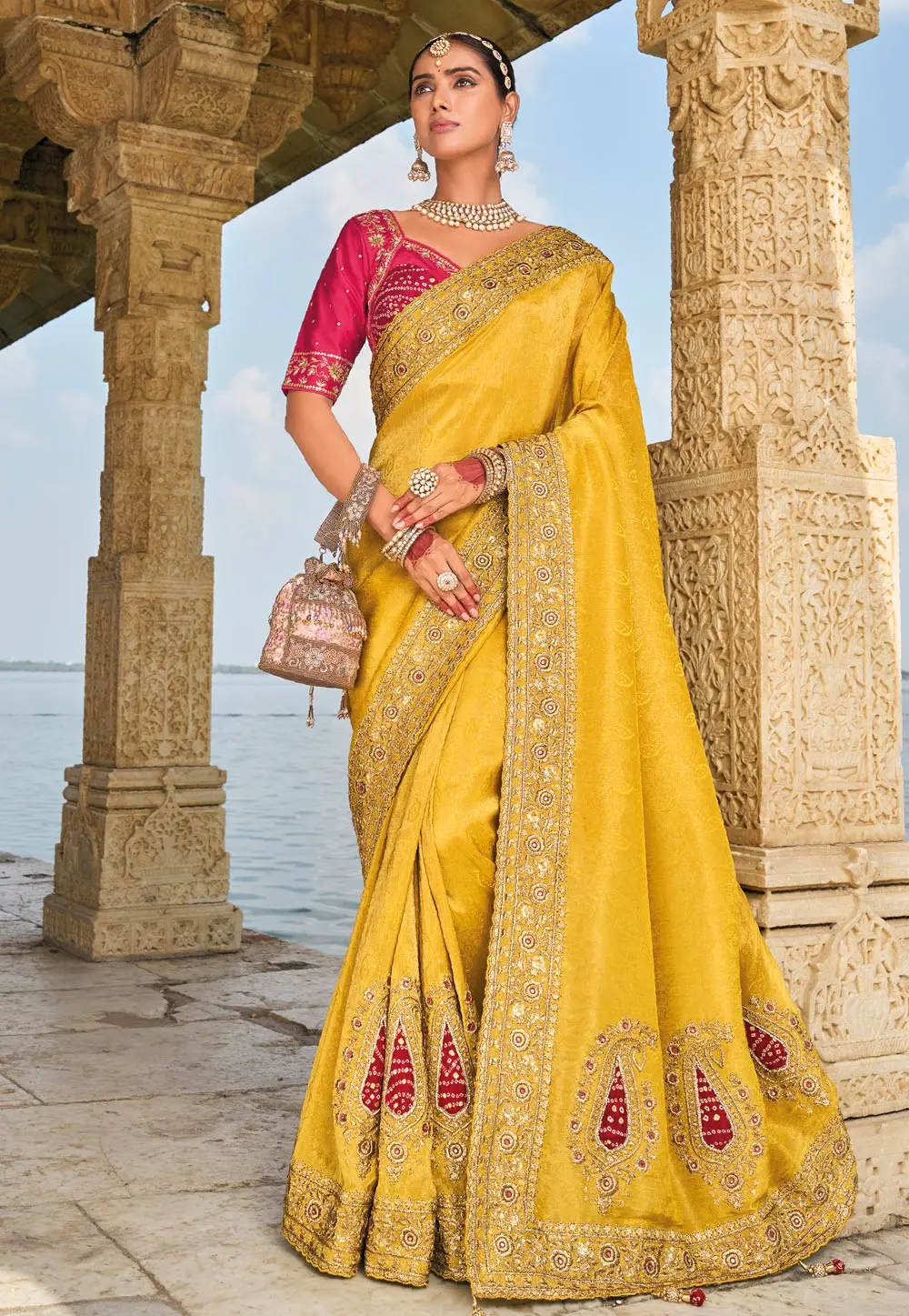 Yellow Crepe Jacquard Saree With Blouse 299494