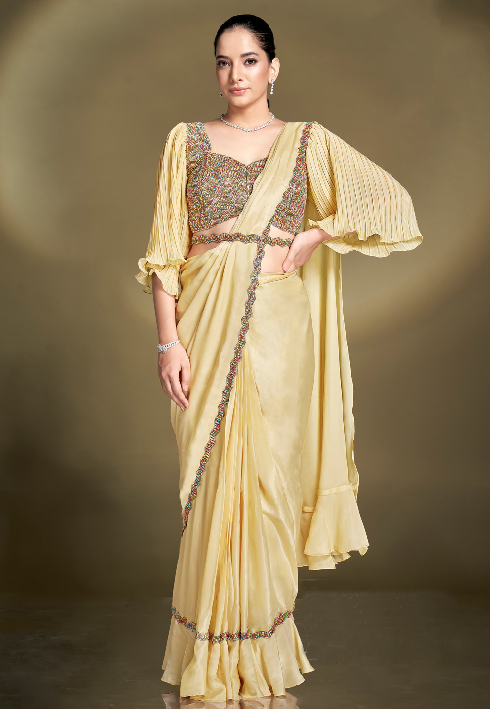 Yellow Crepe Lehenga Saree 309647
