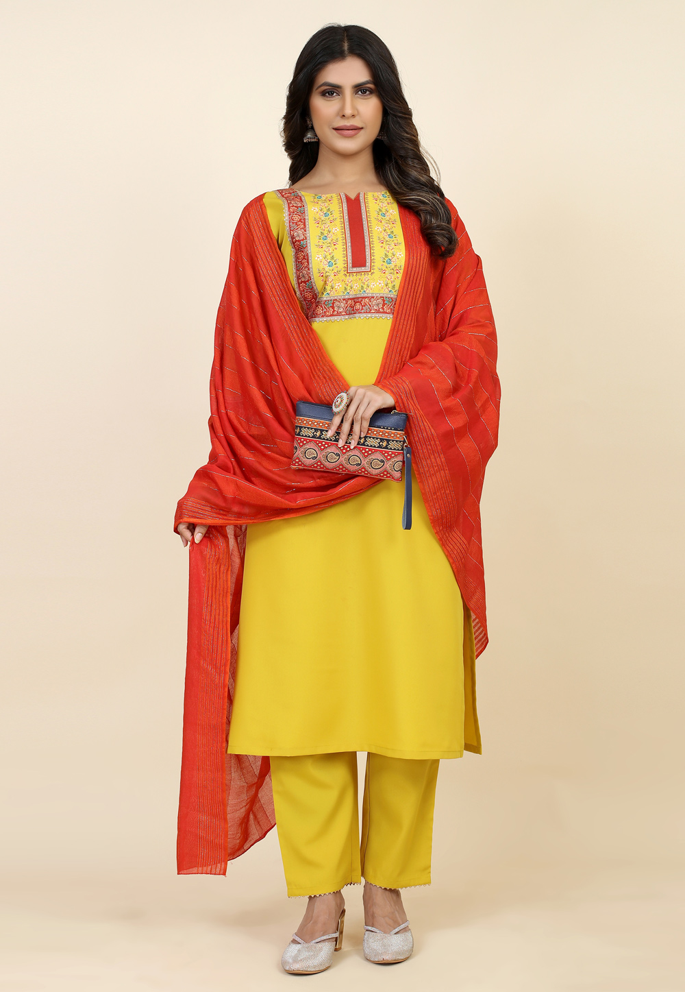Yellow Crepe Readymade Pant Style Suit 283174