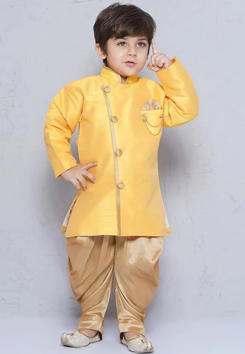 Yellow Dupion Silk Kids Dhoti Kurta 302095