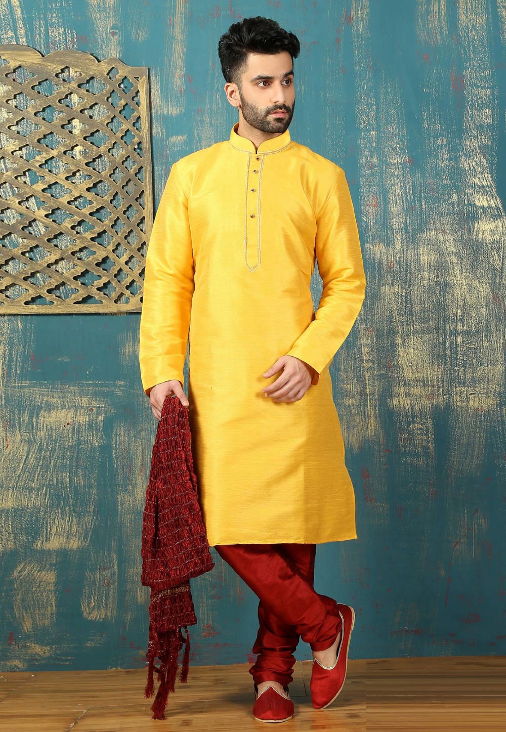 Yellow Dupion Silk Kurta Pajama 310789
