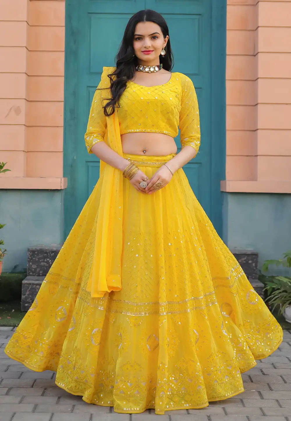 Yellow Faux Georgette A Line Lehenga Choli 293351