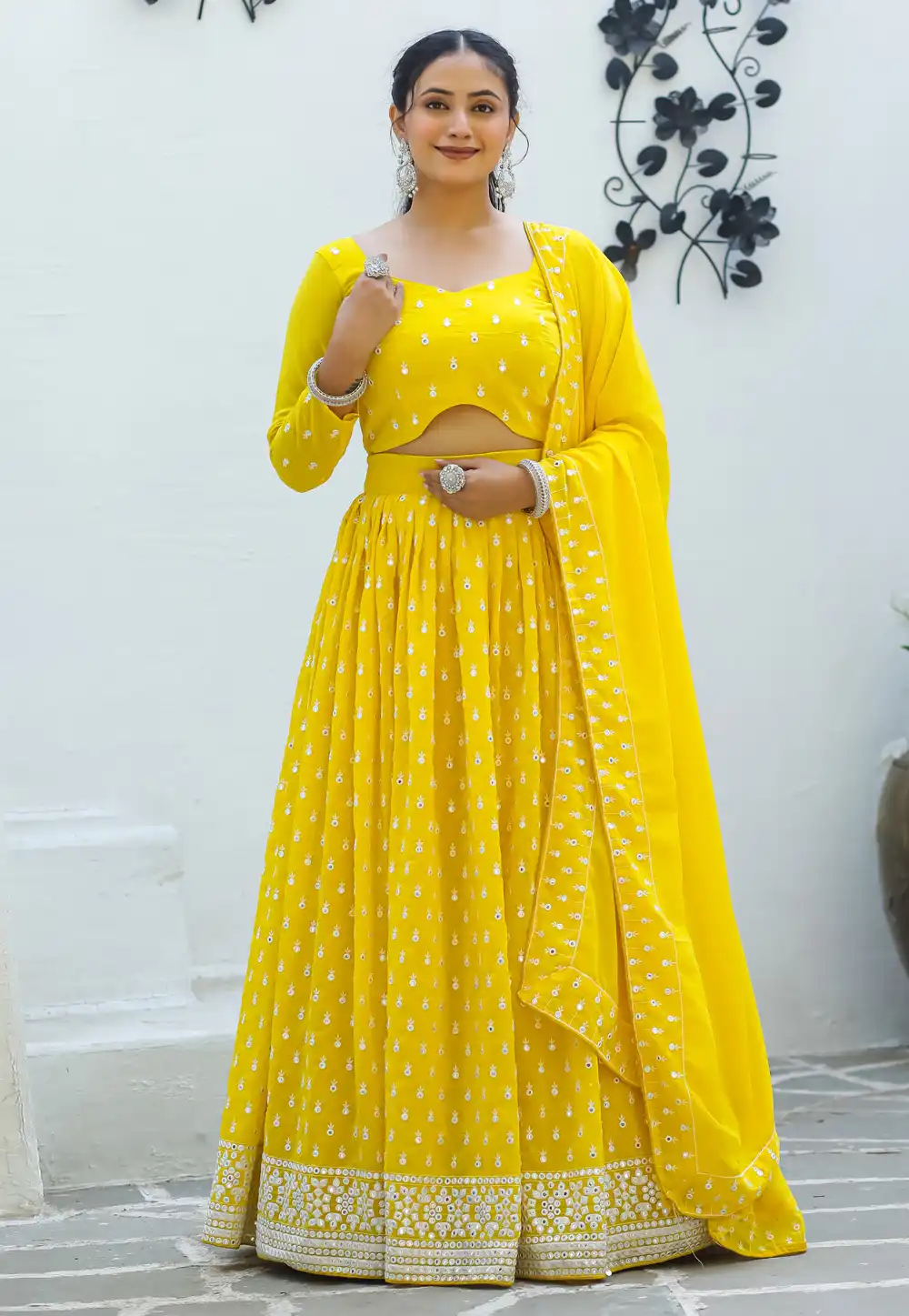 Yellow Faux Georgette A Line Lehenga Choli 293353