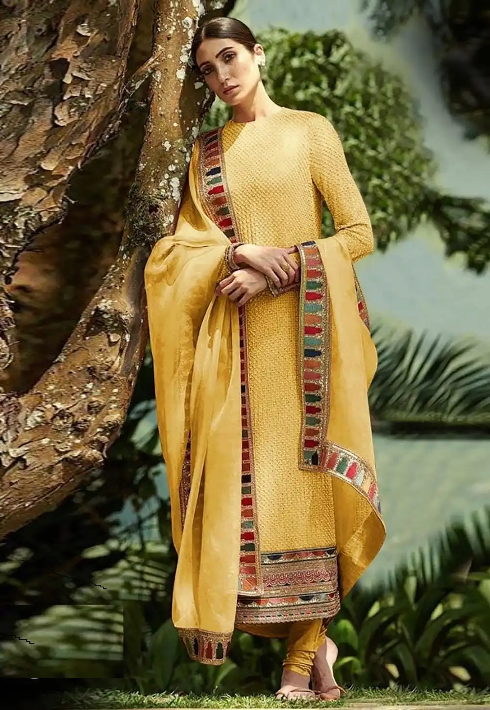 Yellow Faux Georgette Churidar Salwar Suit 292135