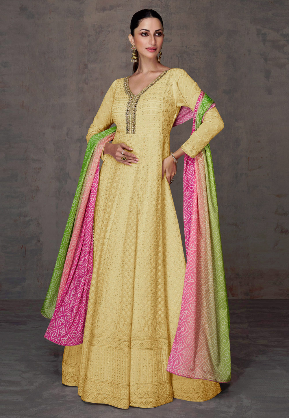 Yellow Faux Georgette Embroidered Floor Length Anarkali Suit 280559