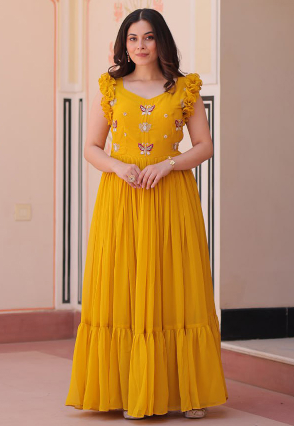 Yellow Faux Georgette Gown 310513