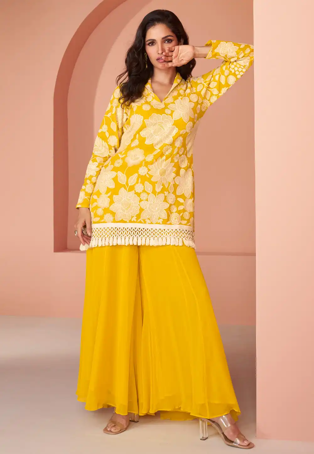 Yellow Faux Georgette Kurta Set With Palazzo 288288