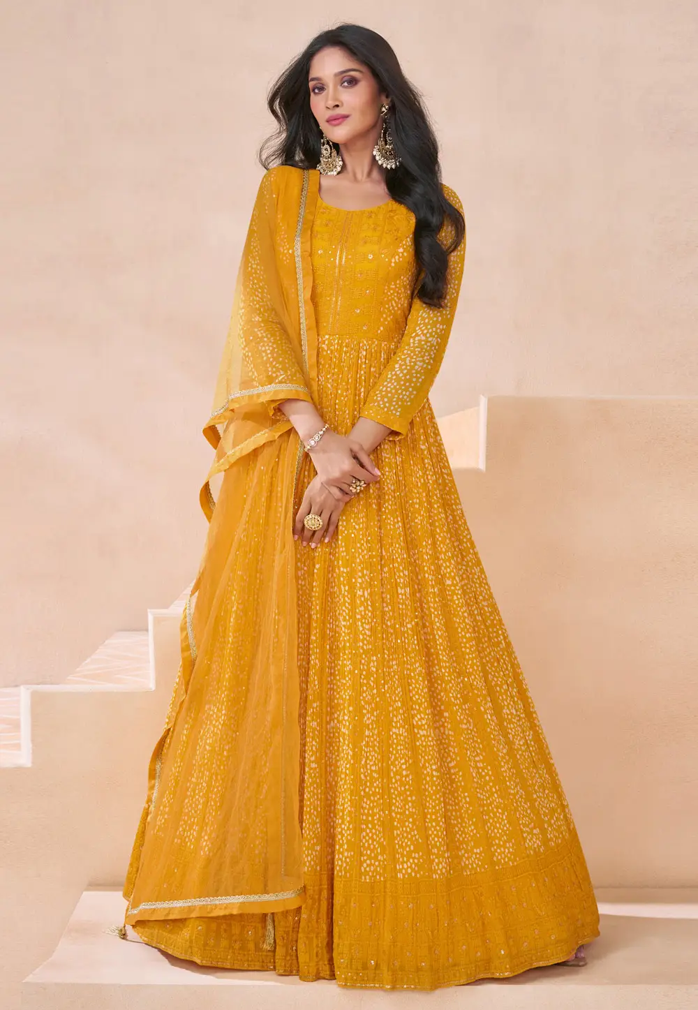 Yellow Faux Georgette Long Anarkali Suit 296449