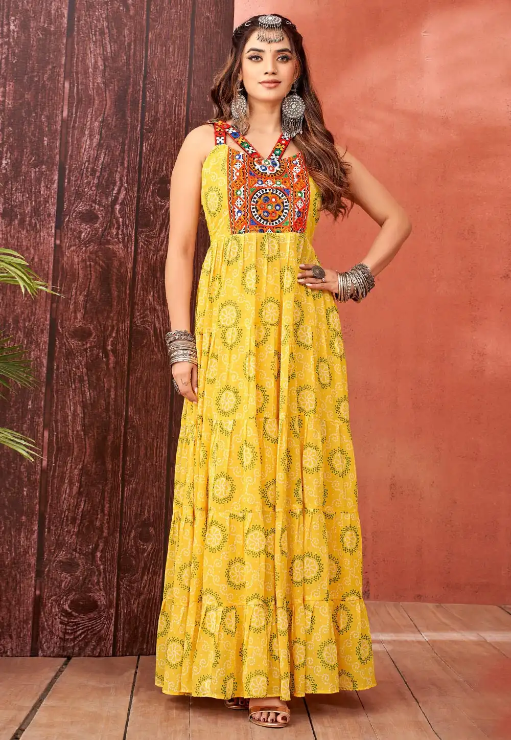 Yellow Faux Georgette Navratri Wear Gown 293540