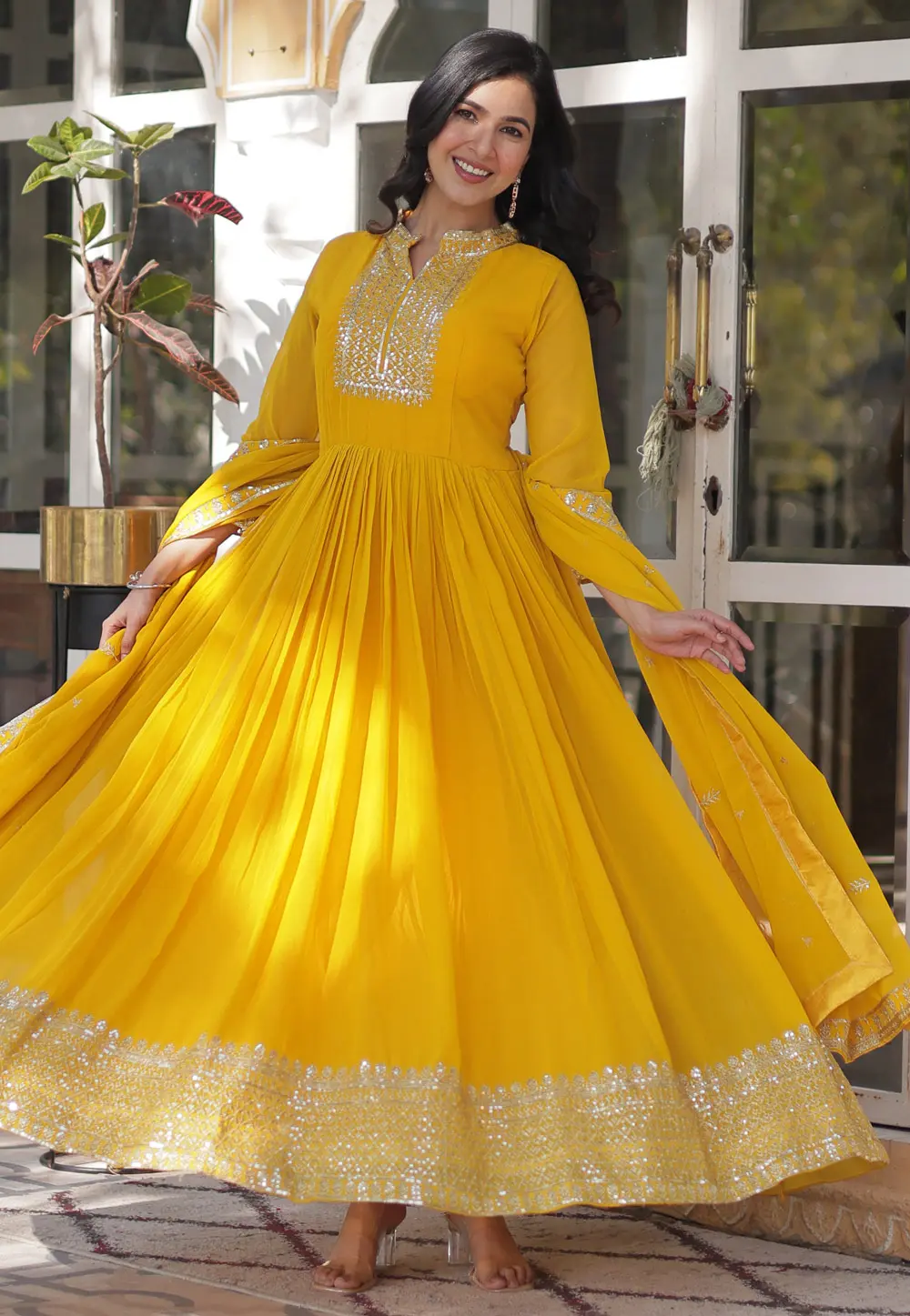 Yellow Faux Georgette Readymade Anarkali Suit 301629